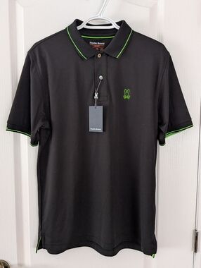 Psycho Bunny Sport Polo Shirt Mens Size 5 Medium Black Neon Green Trim Peru